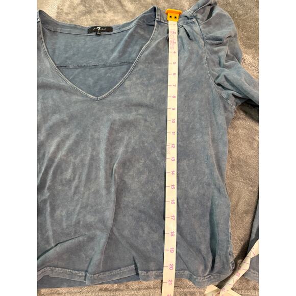 NWT 7 For All Mankind Top Women Large Blue Stone Wash V Neck Puff Sleeve Grunge - Picture 8 of 8